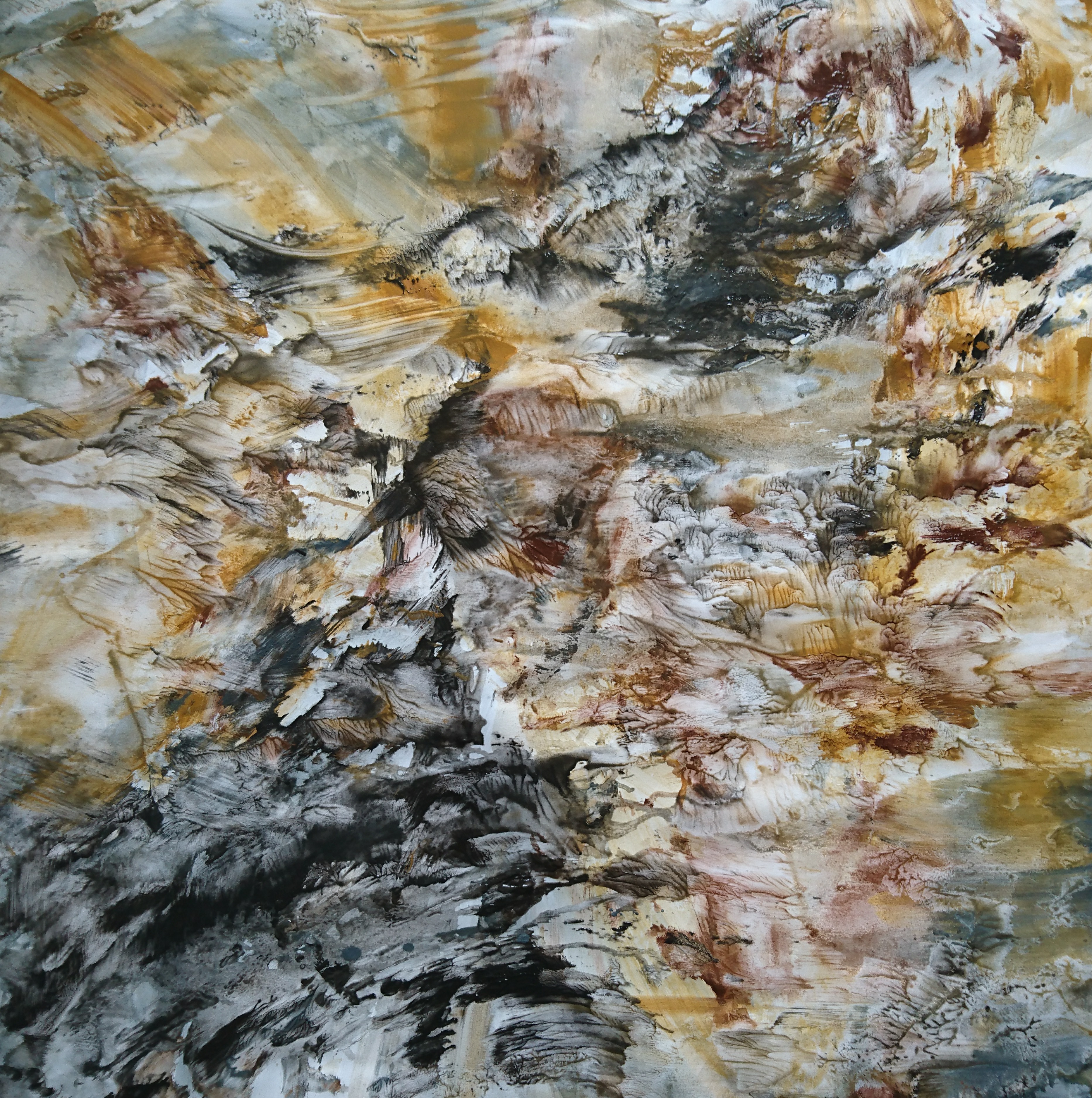 Yu Zhao, Voyage-Montagnes-Ruisseaux, tempera/paper/canvas, 100x100cm, 2019