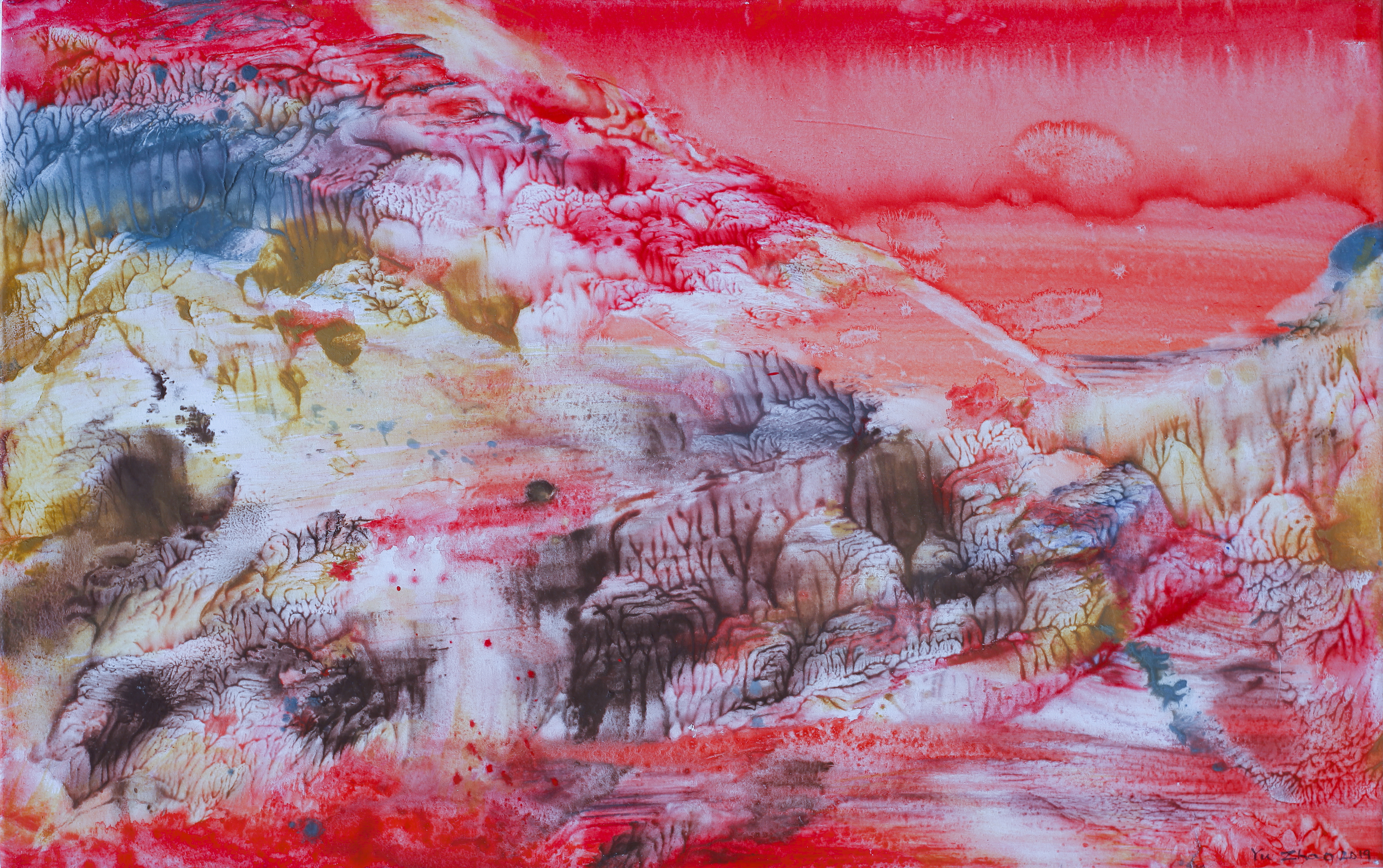 Yu Zhao, Village in peach flowers, tempera/paper/canvas, 35x20cm, 2019