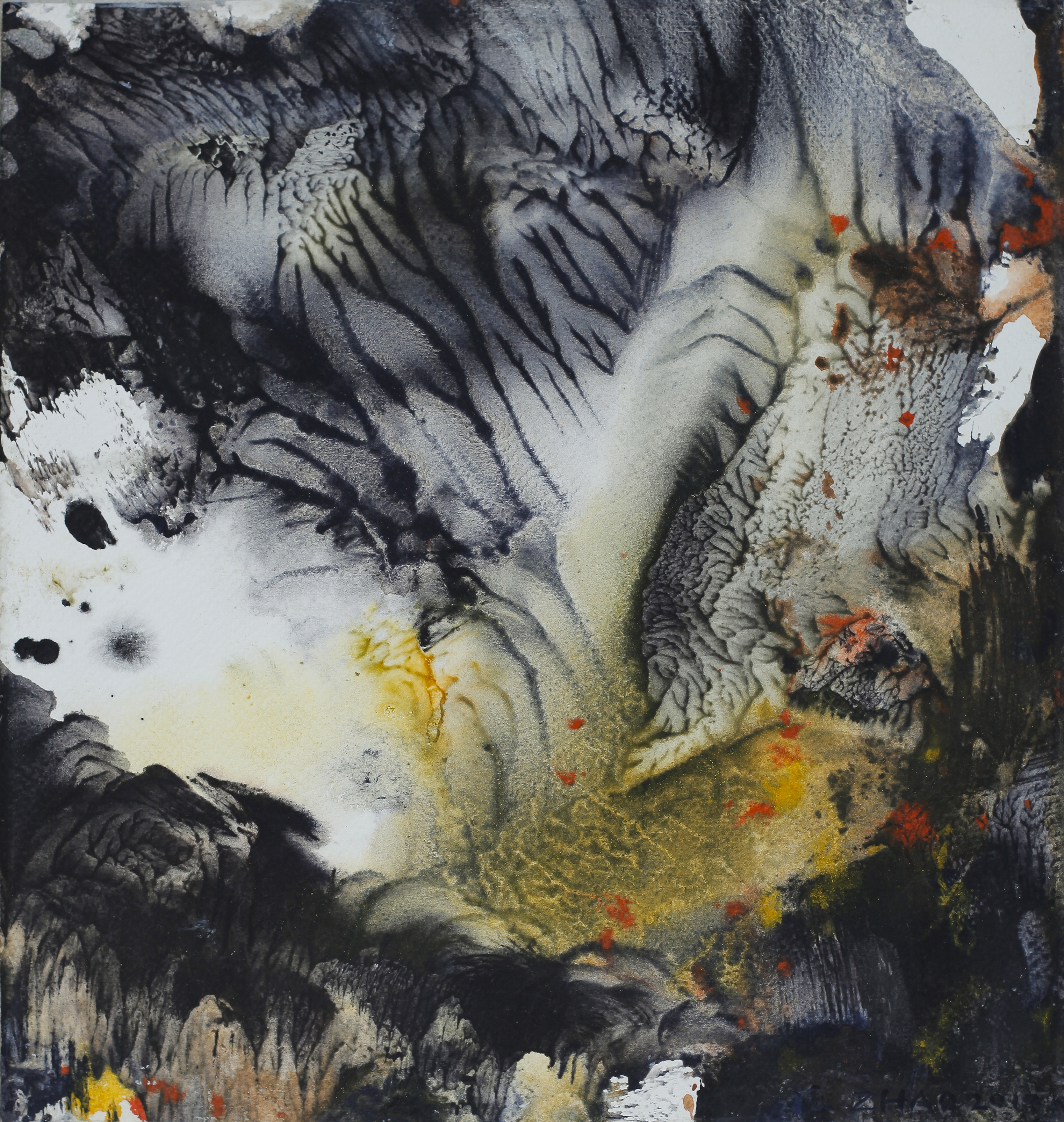 Yu Zhao, Prémisses du printemps, tempera/paper/canvas, 30x28cm, 2017