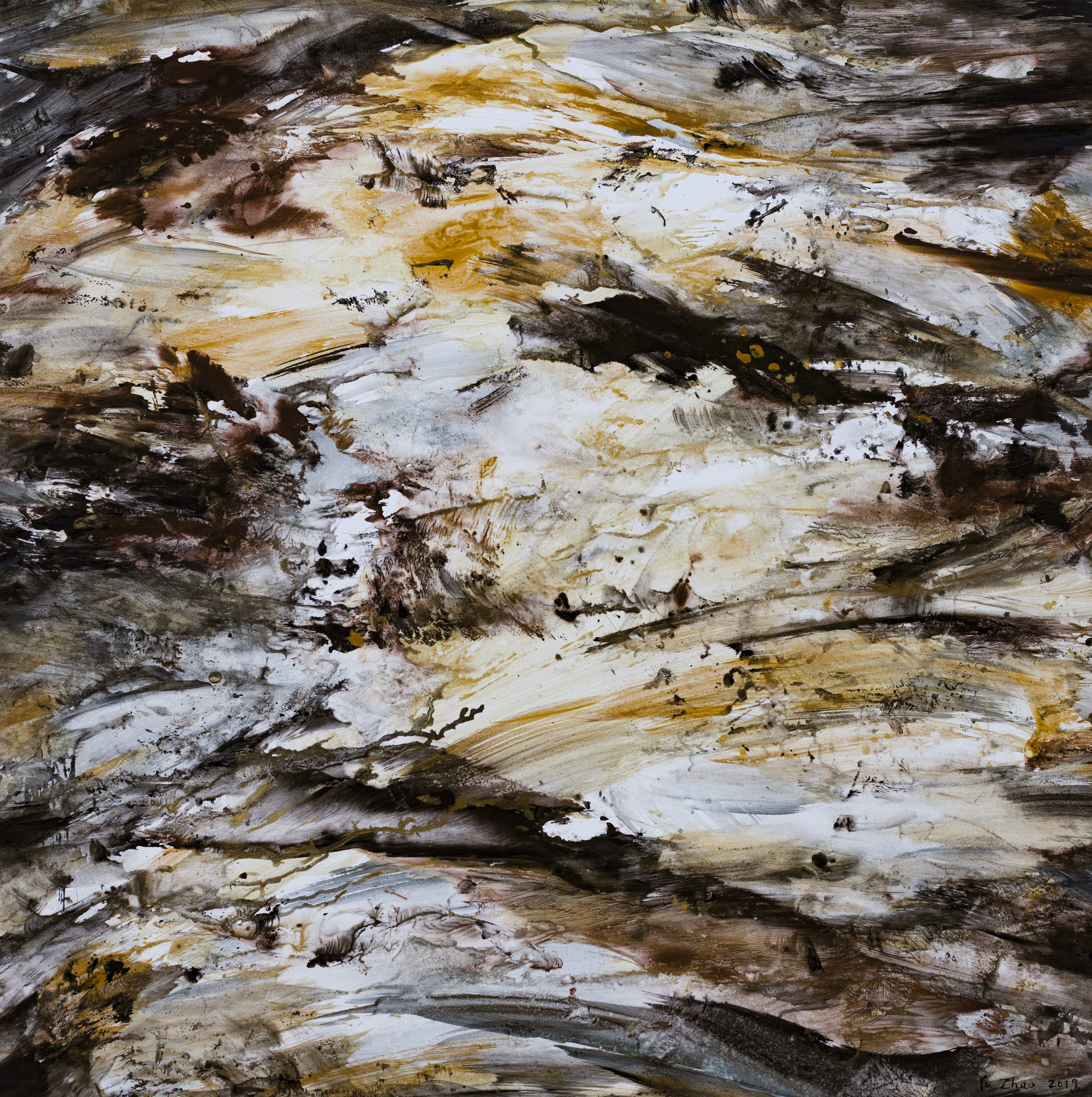 Terre renaissante, tempera/paper/canvas, 100x100cm, 2019, Yu Zhao