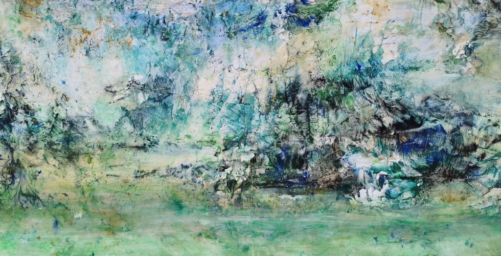 Ile idyllique, tempera sur papier marouflé sur toile, 150x75cm, Yu Zhao, 2020
